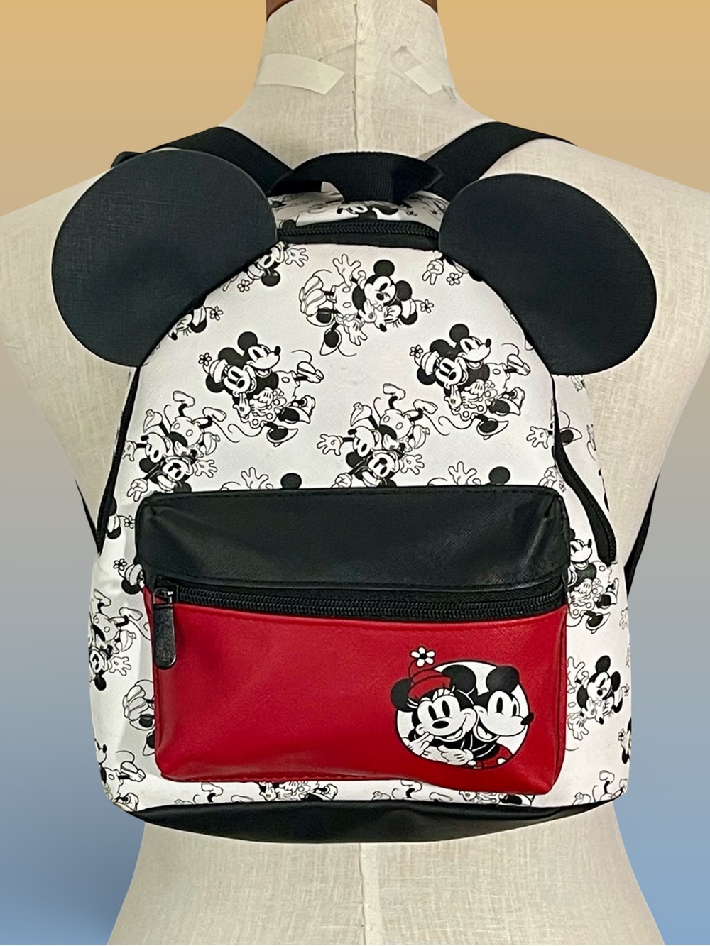 Disney Mickey & Minnie Mouse Mini Backpack Bioworld 11.5" White Black Red 3D Ear
